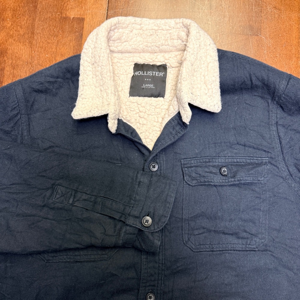 Hollister Shacket Jacket Mens Large Navy Blue Excellent‎ Sherpa Lined Button Up